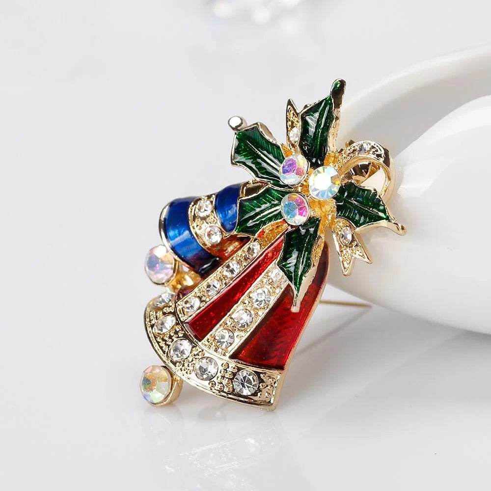 Luxury Christmas Bell Holly Enamel Alloy Rhinestone Brooch, Elegant Lapel Pin Corsage Suit Accessory Gift