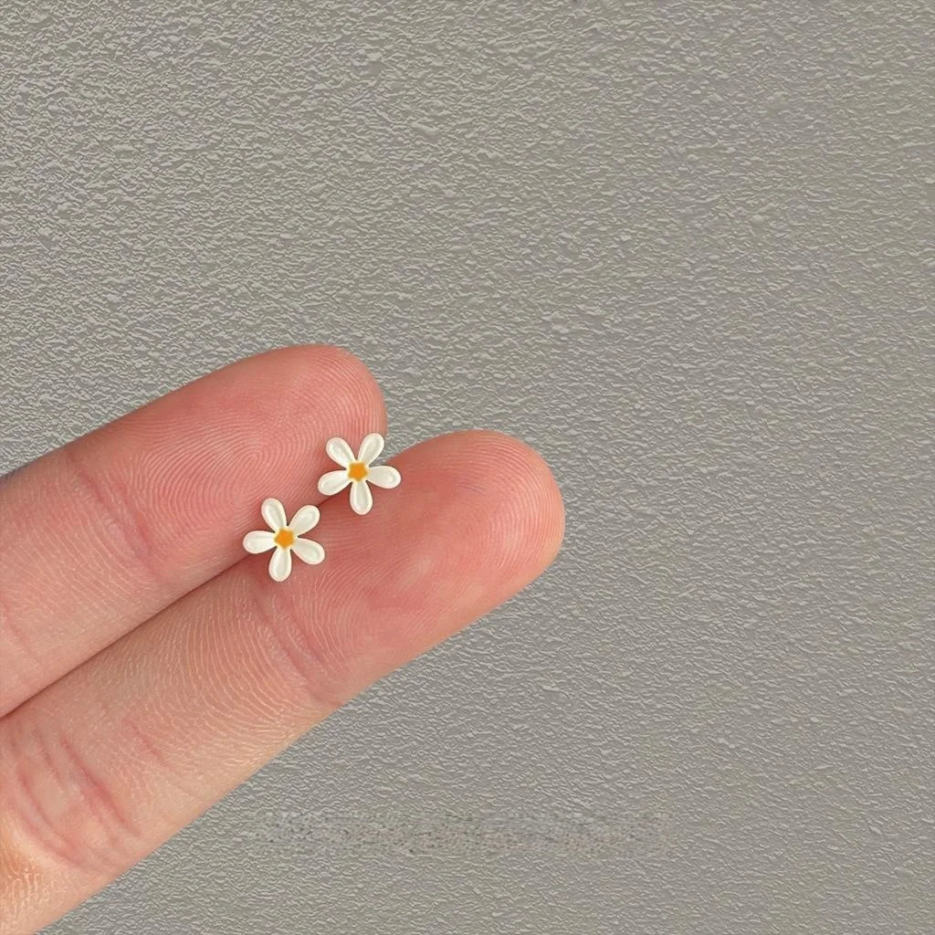 Mini Fresh Enamel Flower Stud Earrings Copper Silver Plated Sweet Minimalist Ear Jewelry