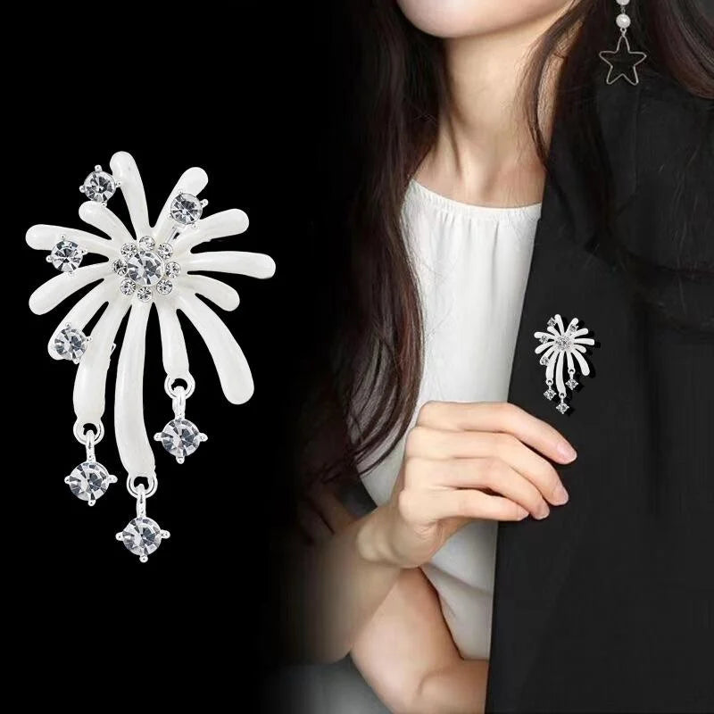 Elegant Firework Flower Brooch With Mother Of Pearl Petals And Rhinestone Tassels, Luxury Lapel Pin Gift