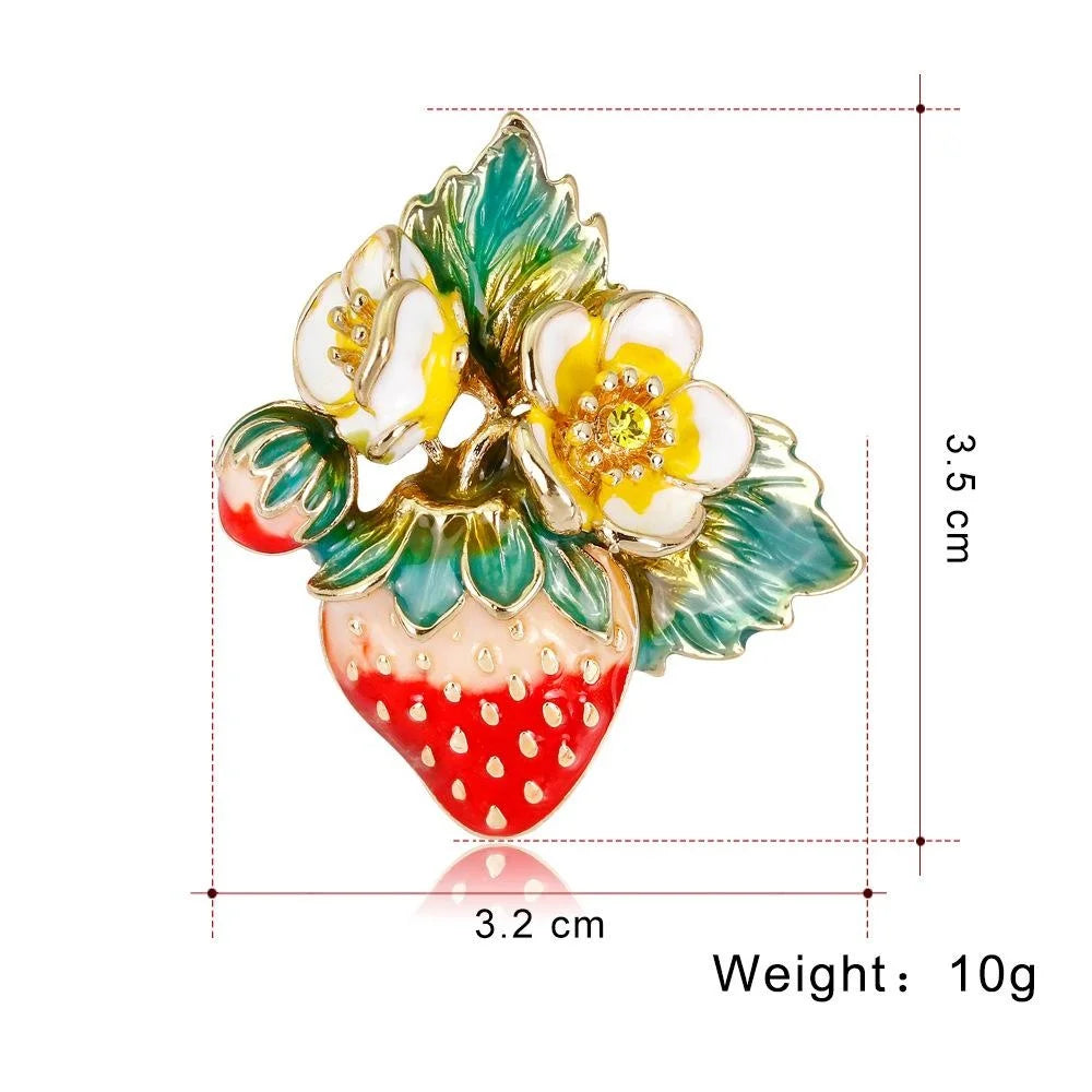 Elegant Enamel Strawberry Flower Brooch With Rhinestone Alloy Lapel Pin Corsage Suit Accessory Gift