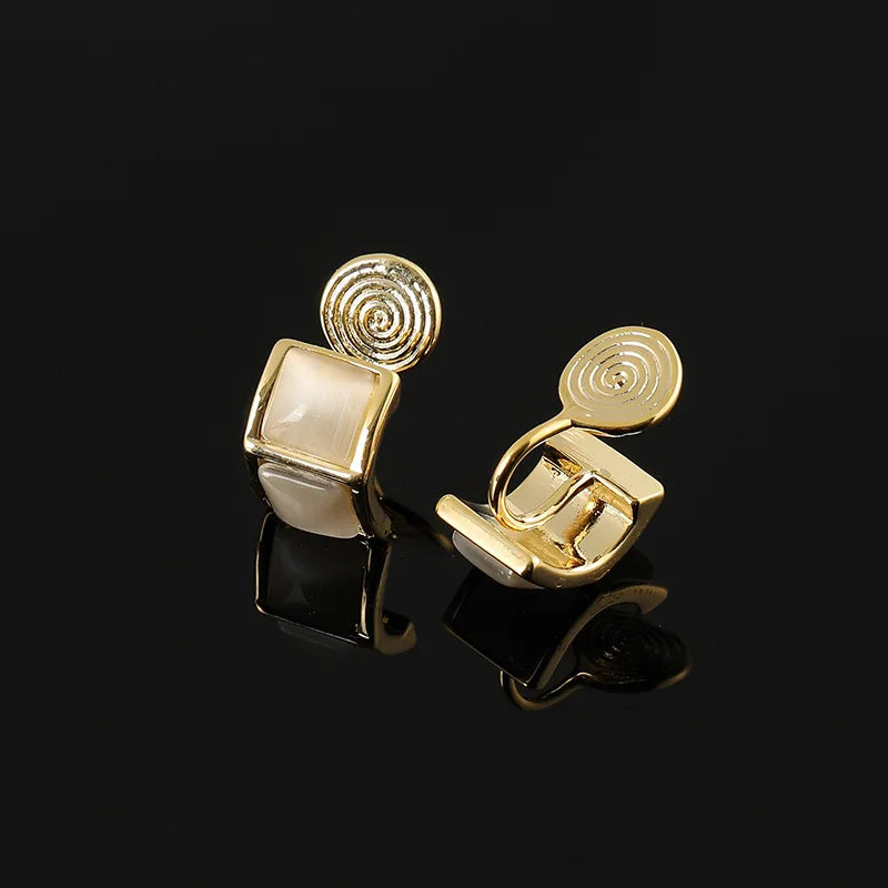 Elegant Curved Square Cat Eye Stone Alloy Stud & Clip On No Piercing French Commuter Earrings