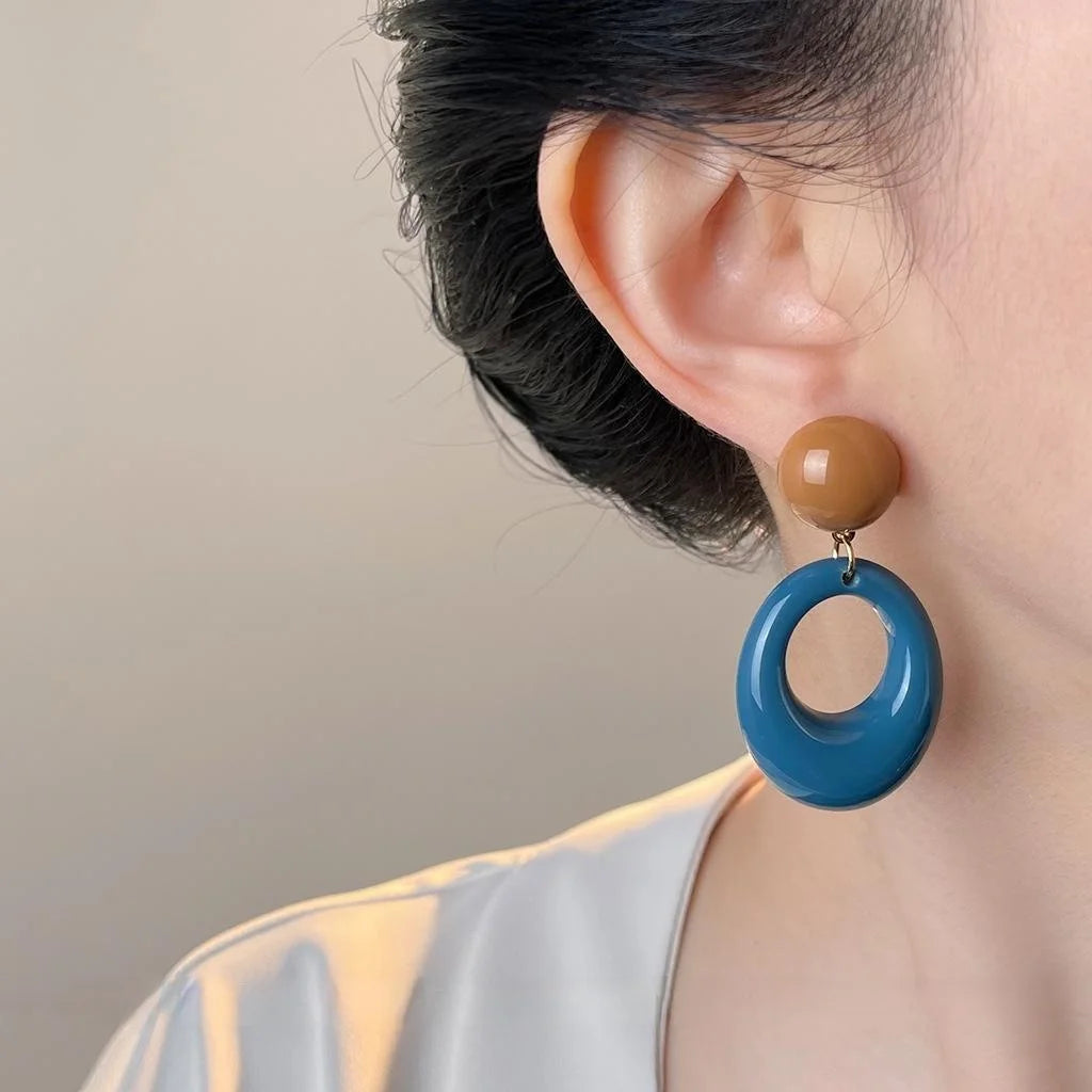 Vintage Hong Kong Style Haze Blue Geometric Resin Drop Earrings With Copper