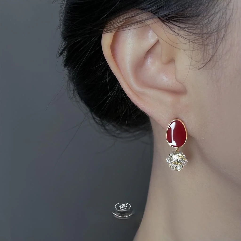 French Vintage Copper Oval Geometric Red Zircon Ball Stud Earrings For Women