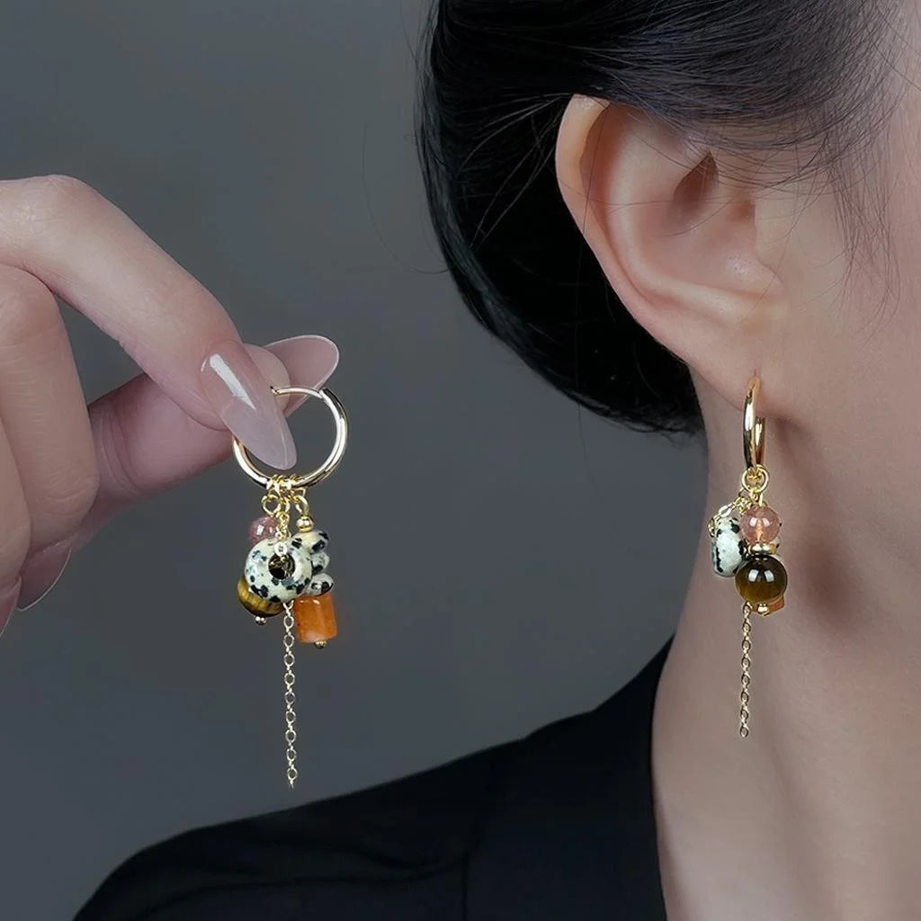 Vintage Ethnic Copper Tiger Eye Spotted Stone Tassel Drop Earrings Handmade Geometric Jewelry