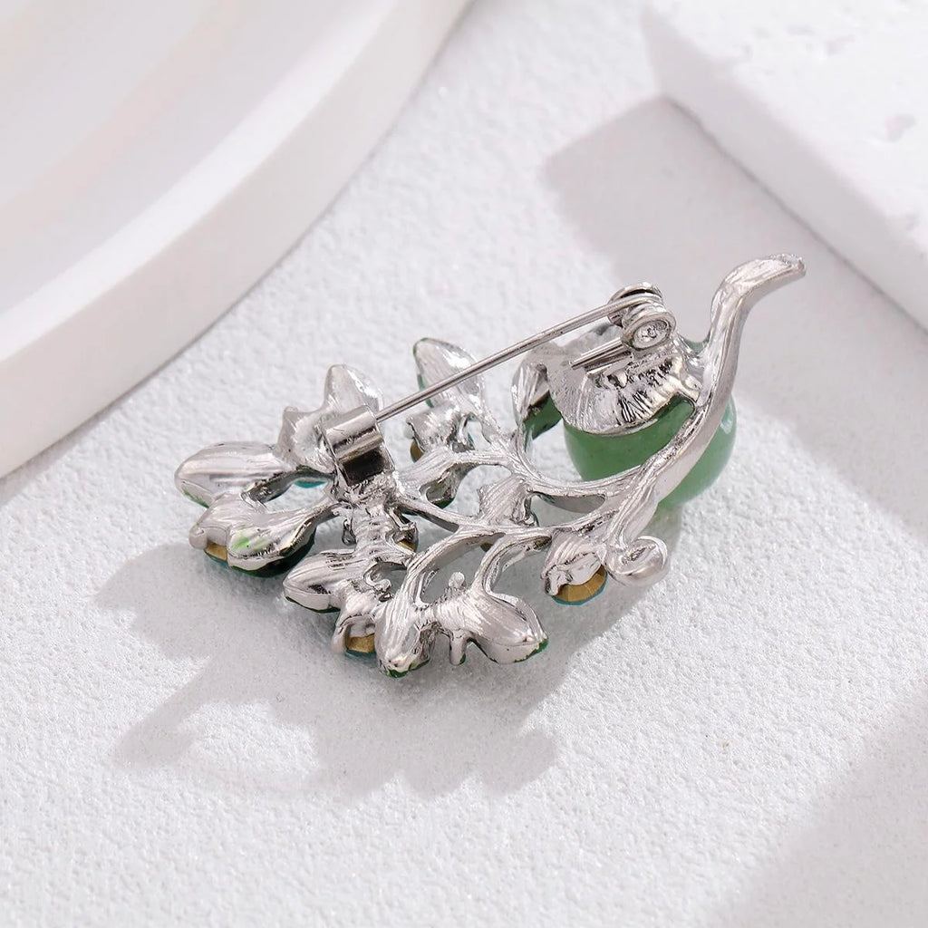 Elegant Tree Leaf Brooch With Turquoise Rhinestones And Faux Pearl, Women's Lapel Pin Suit Accessory Gift