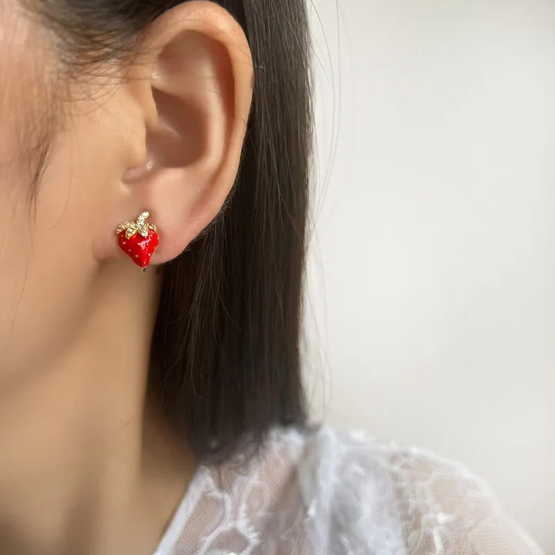 Cute Red Strawberry Gold Tone Enamel Rhinestone Luxury Fruit Stud & Clip On No Piercing Earrings
