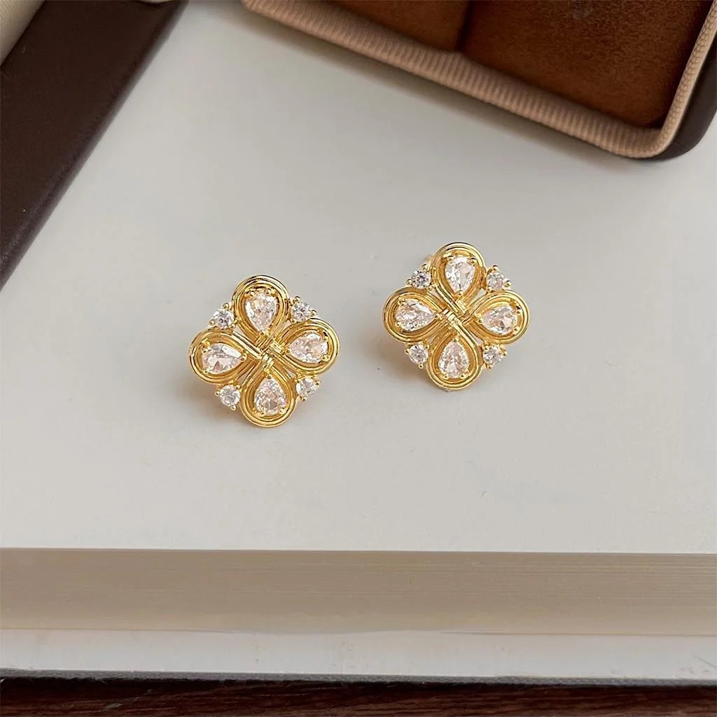 Vintage Chinese Knot Flower Geometric Zircon Copper Stud Earrings
