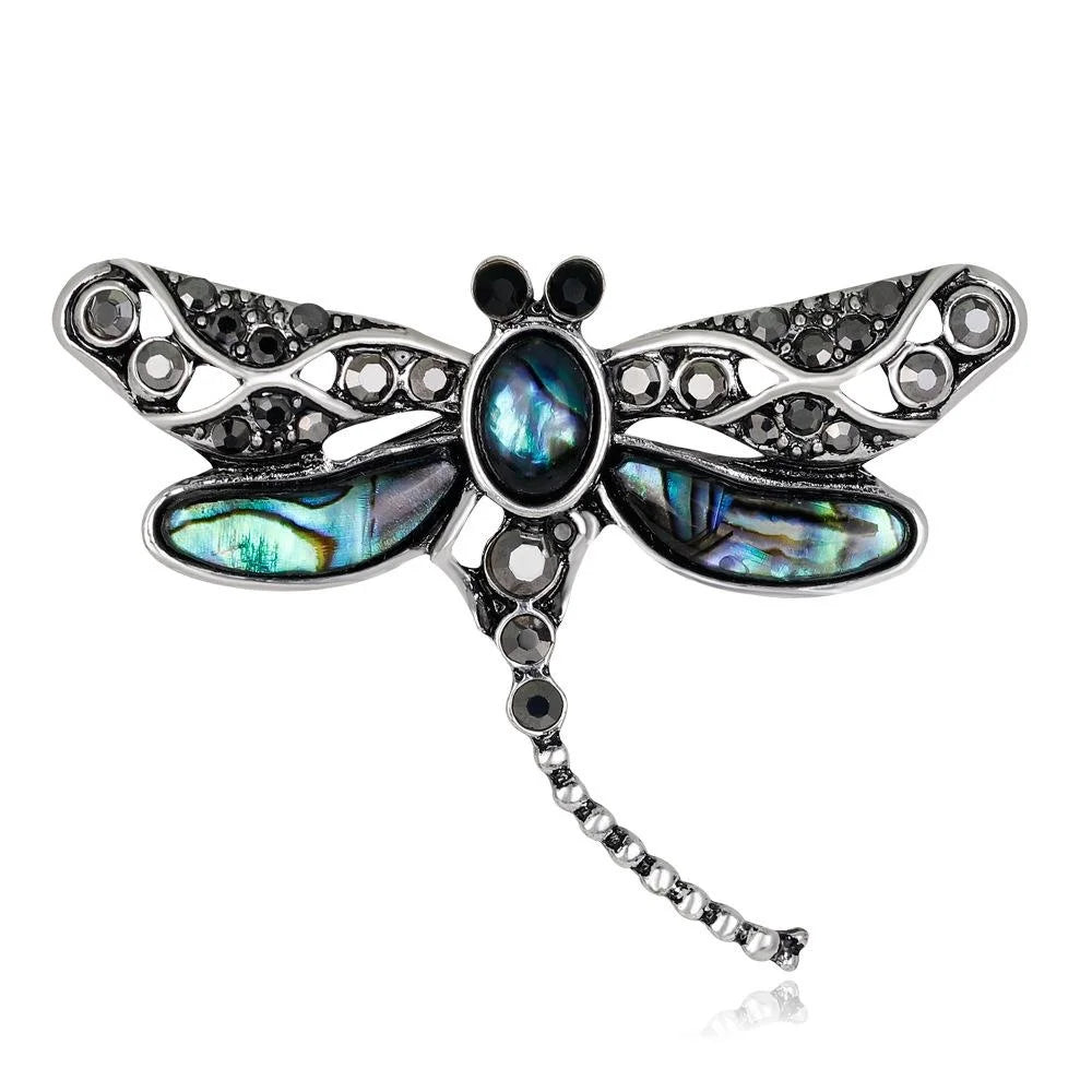 Vintage Dragonfly Mother Of Pearl Rhinestone Alloy Brooch Elegant Lapel Pin Scarf Buckle Suit Accessory Gift