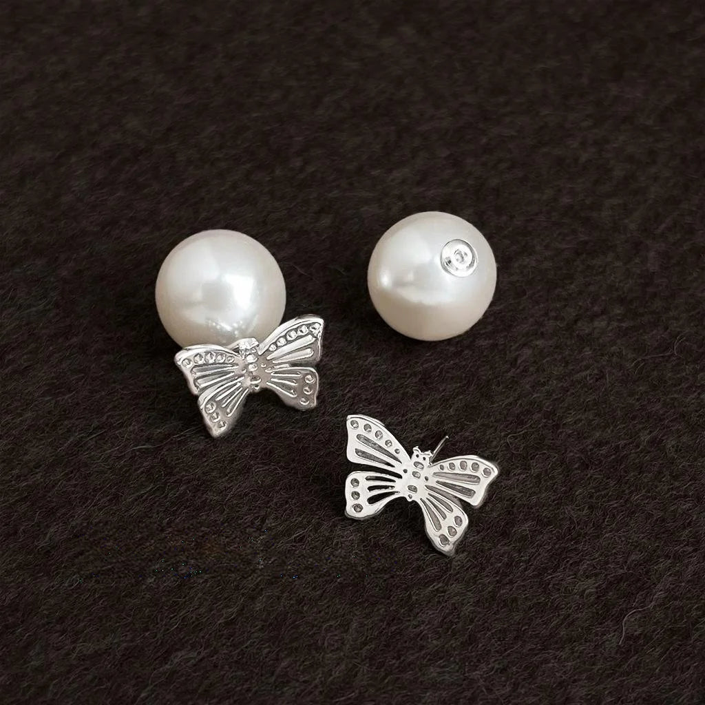 Two-Way Butterfly Stud Earrings Copper Hollow Lightweight Pearl Elegant Commuter Jewelry
