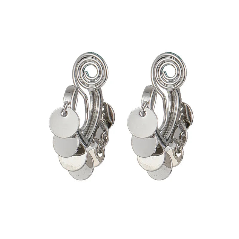Elegant Luxury Gold Alloy Spiral Heart Disc Tassel Stud & Clip On No Piercing Drop Earrings