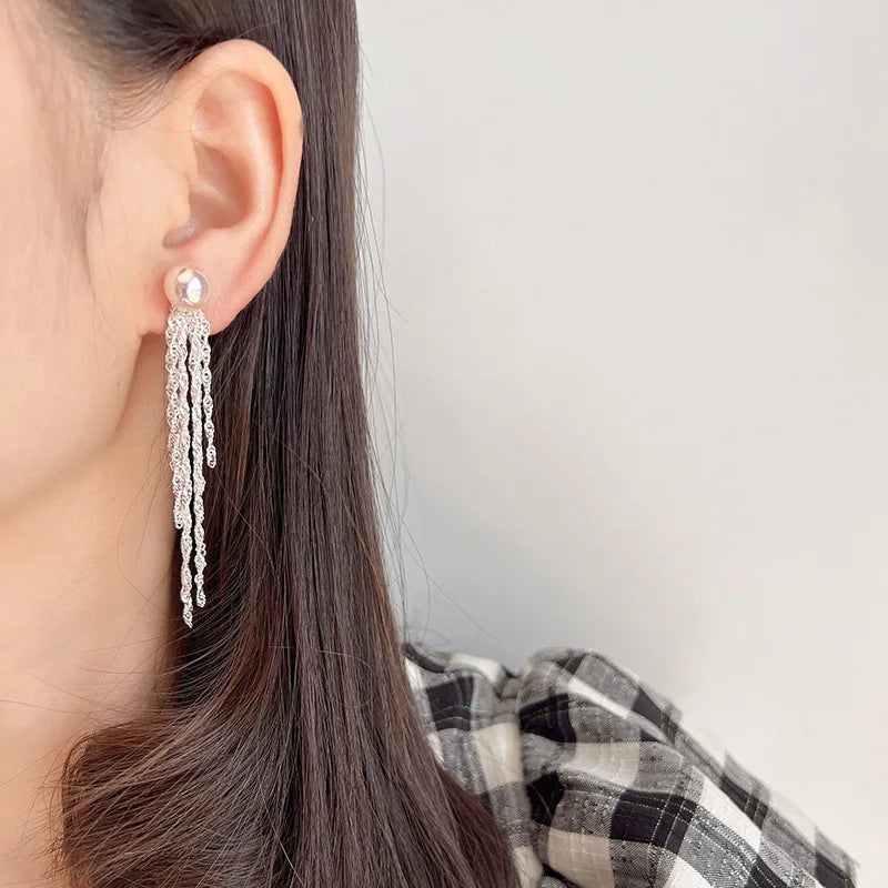 Elegant Luxury Spiral Pink Pearl Long Chain Tassel Alloy Stud & Clip On No Piercing Drop Earrings