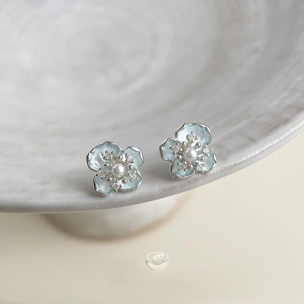 Fresh Sweet Minimalist 3D Blue Flower Stud Earrings Copper Hand Painted Zircon Jewelry
