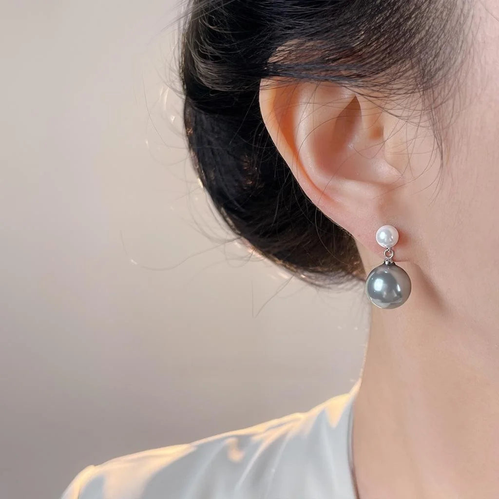 High Gloss Gray Glass Pearl Geometric Round Drop Earrings Copper Old Money Style