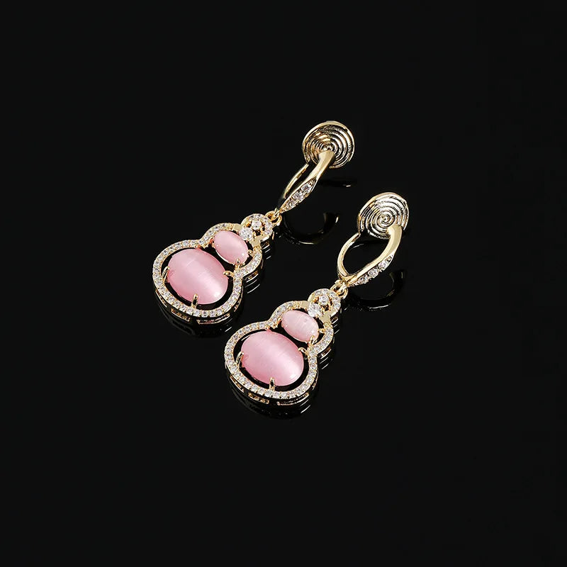 Elegant Pink Cat Eye Stone Gourd Drop Alloy Rhinestone Stud & Clip On No Piercing Vintage Earrings