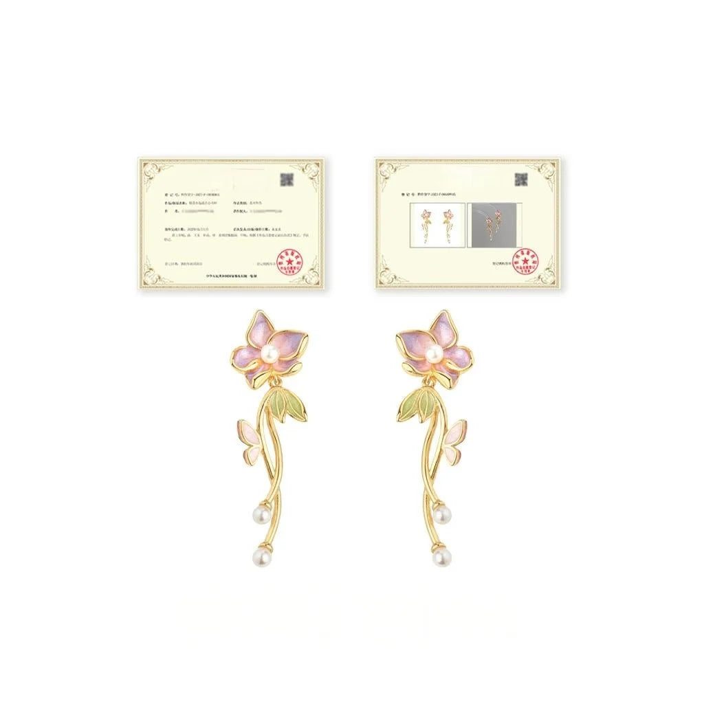 Hand Painted Sweet Floral Enamel Copper Drop Earrings With Pearl Tassels