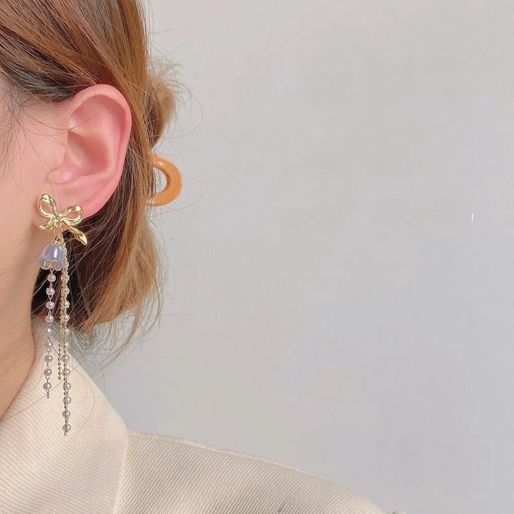 Forest Style Handmade Copper Bow Pearl Tassel Stud Earrings With Silver Plated Pins