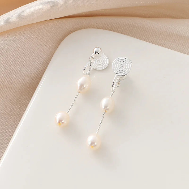 Elegant Freshwater Pearl Chain Tassel Spiral Disc Stud & Clip On No Piercing Long Drop Earrings