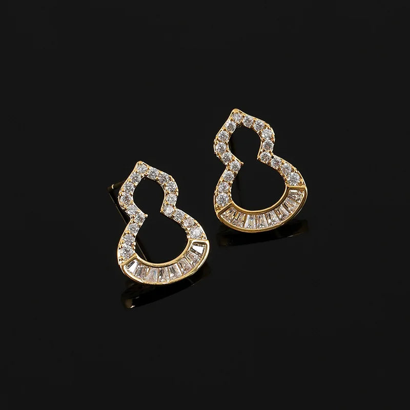 Elegant Hollow Gourd Zircon Gold Tone Alloy Stud & Clip On No Piercing Commuter Jewelry Earrings