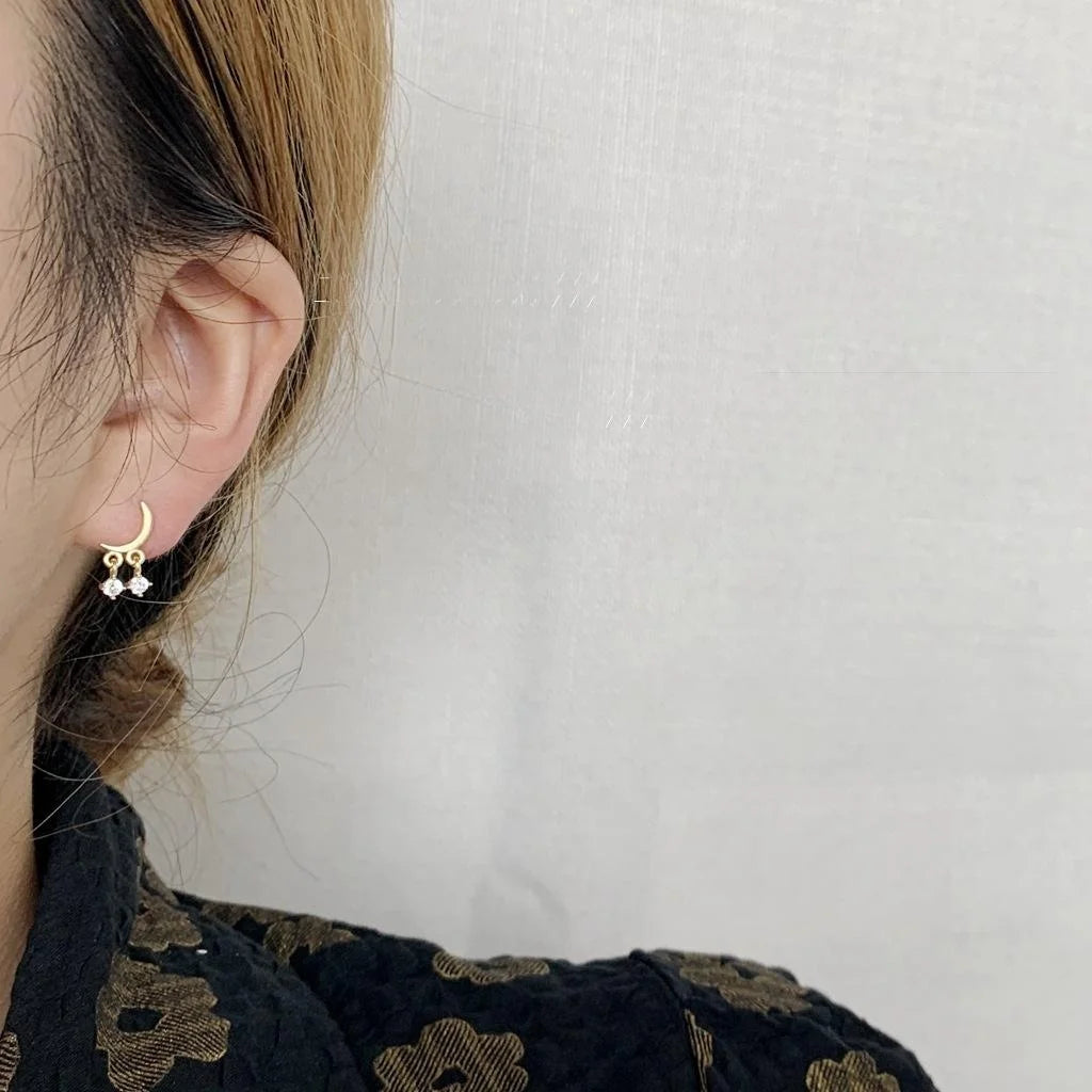 14K Plated Copper Micro Pave Zircon Mini Moon Stud Earrings For Women Simple Geometric Jewelry