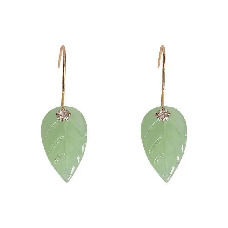 New Chinese Style Glass Synthetic Jade Leaf Tassel Drop Earrings With Micro Pave Zircon