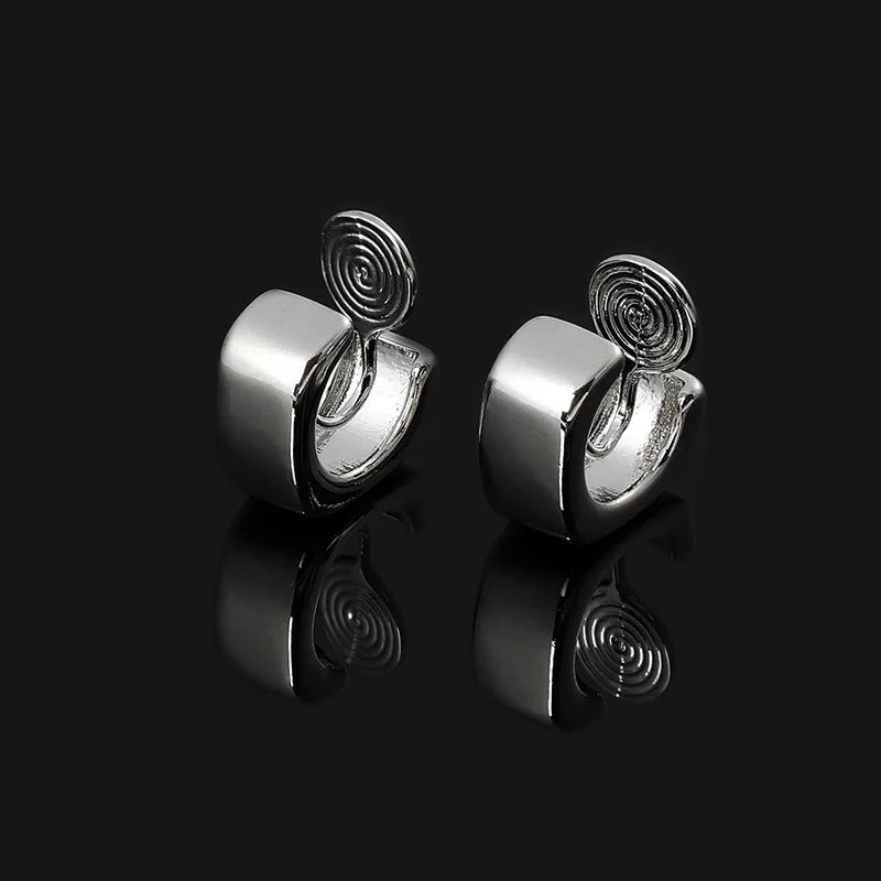 Elegant Silver Alloy Square Hoop With Spiral Disc Stud & Clip On No Piercing Minimalist Wide Huggie Earrings