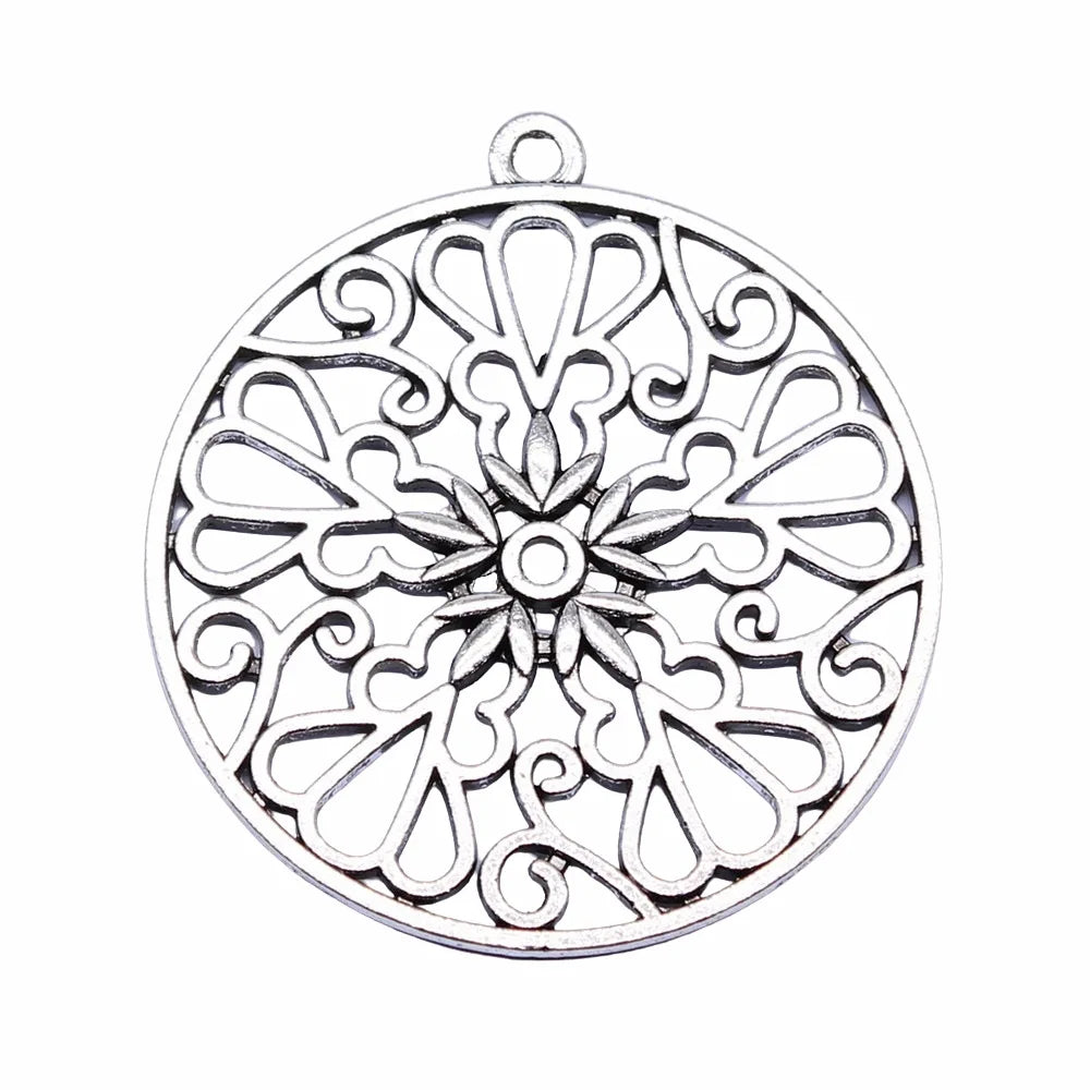 39x39mm 7.1g Antique Silver Zinc Alloy Large Round Hollow Flower Charm Pendant for DIY Necklace Making