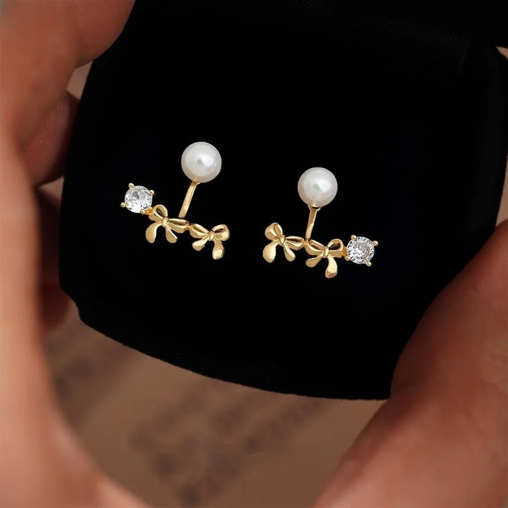 Korean Style Two Way 14K Plated Copper Bow Pearl Zircon Glass Stud Earrings