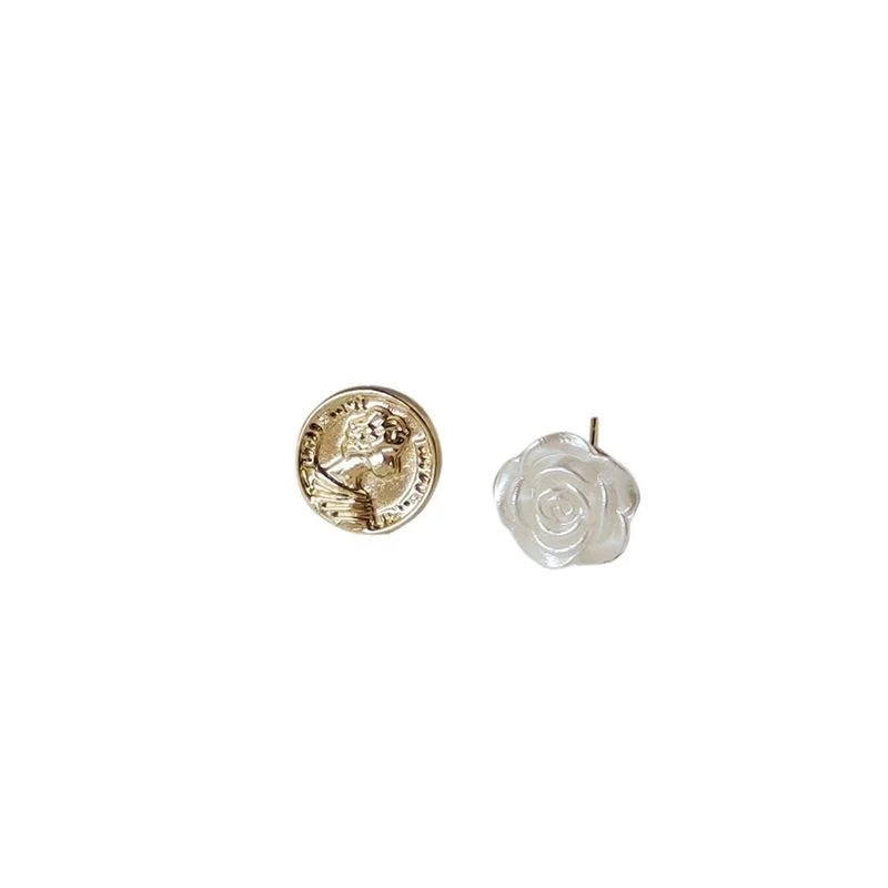 Asymmetric Coin And Rose Resin Stud Earrings With 14K Gold Plated For Women
