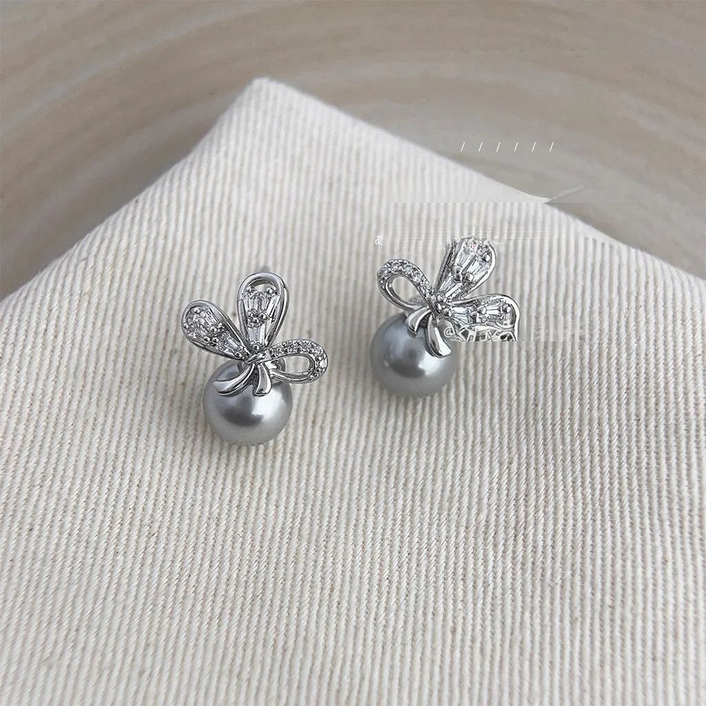Luxury Bow Butterfly Stud Earrings With Micro Pave Zircon And Gray Glass Pearl Copper