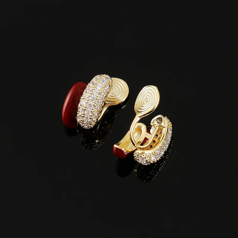 Elegant Red Enamel Bean Hoop Zircon Stud & Clip On No Piercing Luxury Alloy Half Circle Earrings