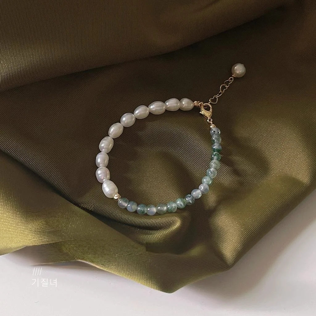 French Light Luxury Freshwater Pearl And Water Grass Jade Geometric Handmade Bracelet