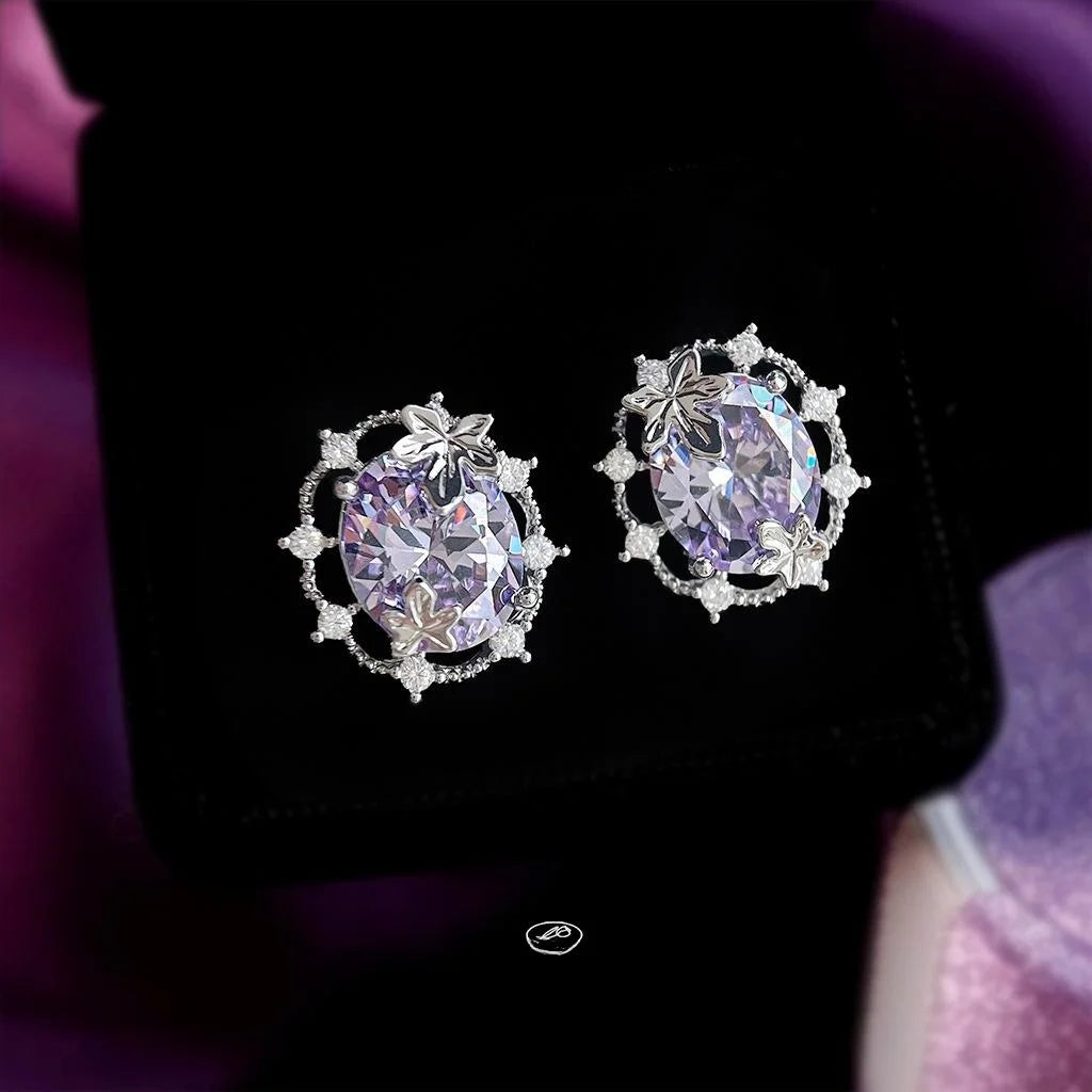 Light Luxury Purple Zircon Geometric Leaf Copper Stud Earrings
