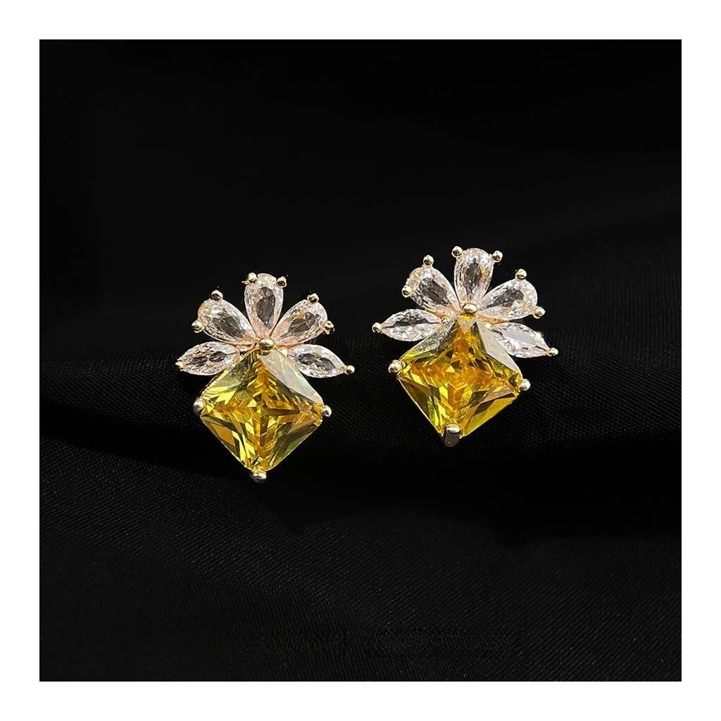 Sparkling 14K Plated Copper Zircon Flower Geometric Stud Earrings