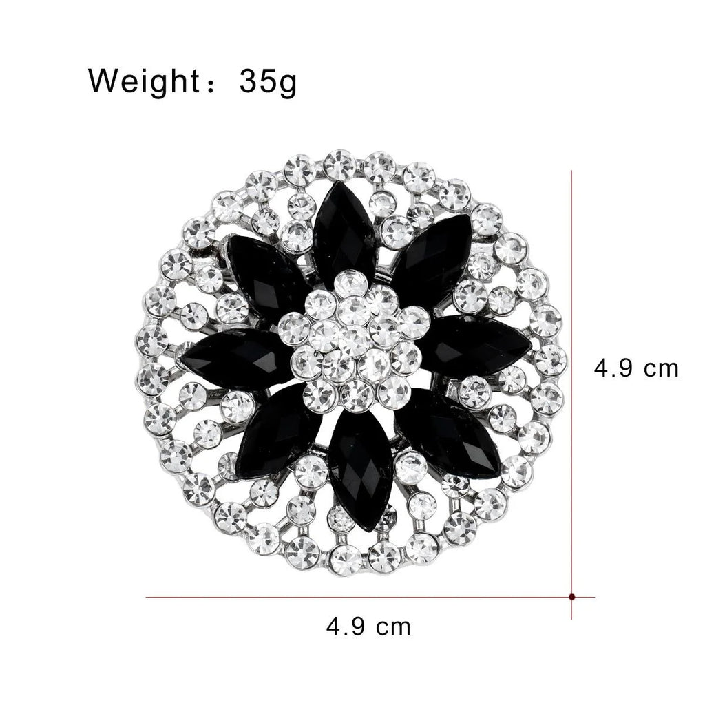 Elegant Black Flower Rhinestone Alloy Brooch, Sparkling Round Lapel Pin Corsage For Suit Accessory Gift