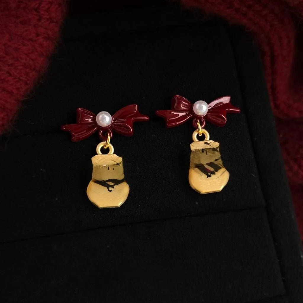 Matte Bow Drop Earrings Eco-Friendly Copper Chinese New Year Horse Lucky Geometric Jewelry