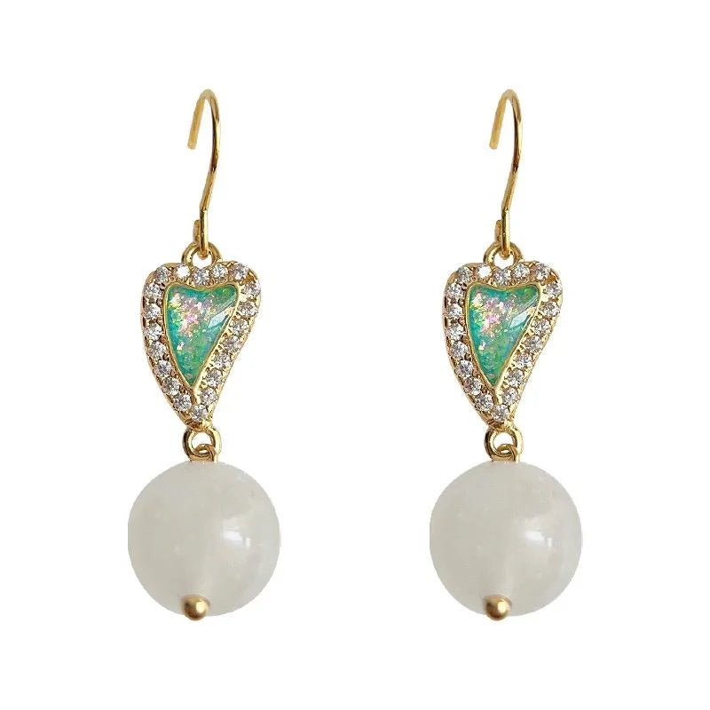 New Chinese White Jade Copper Heart Drop Earrings With Micro Pave Zircon French Vintage Style