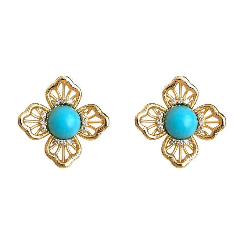 Vintage Hollow Lace Floral Geometric Copper Stud Earrings With Synthetic Turquoise Zircon