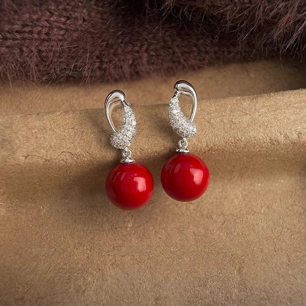 Vintage Red Glass Pearl Zircon Micro Pave Copper Drop Earrings With Silver Plated Posts