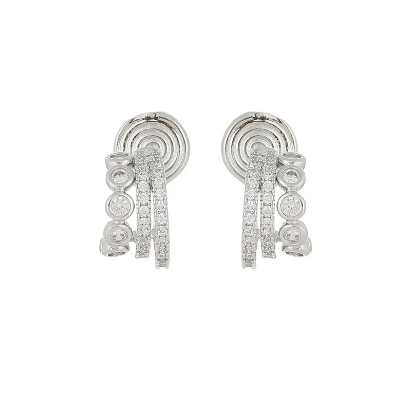 Elegant Silver Tone C Shape Zircon Huggie Hoop Stud & Clip On No Piercing Spiral Ear Cuff Earrings