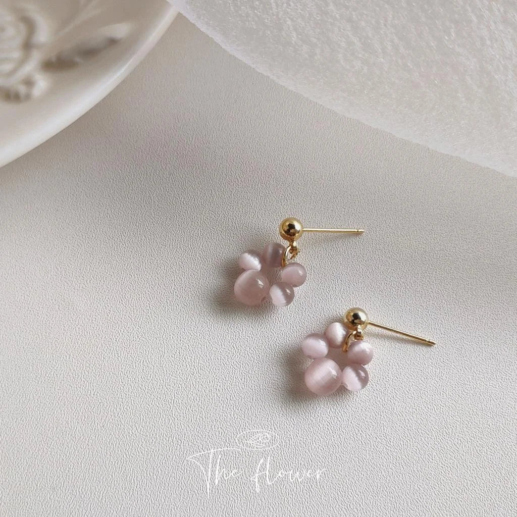 14K Gold Plated Purple Synthetic Cat Eye Stone Stud Earrings French Vintage Irregular Geometric