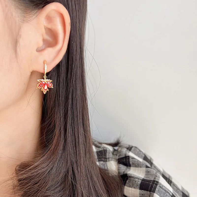 Luxury Orange Red Zircon Maple Leaf Dangle Stud & Clip On No Piercing Gold Alloy Vintage Earrings