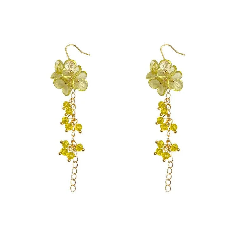Summer Lemon Glass Crystal Acrylic Flower Tassel Chain Drop Earrings Forest Vacation Style