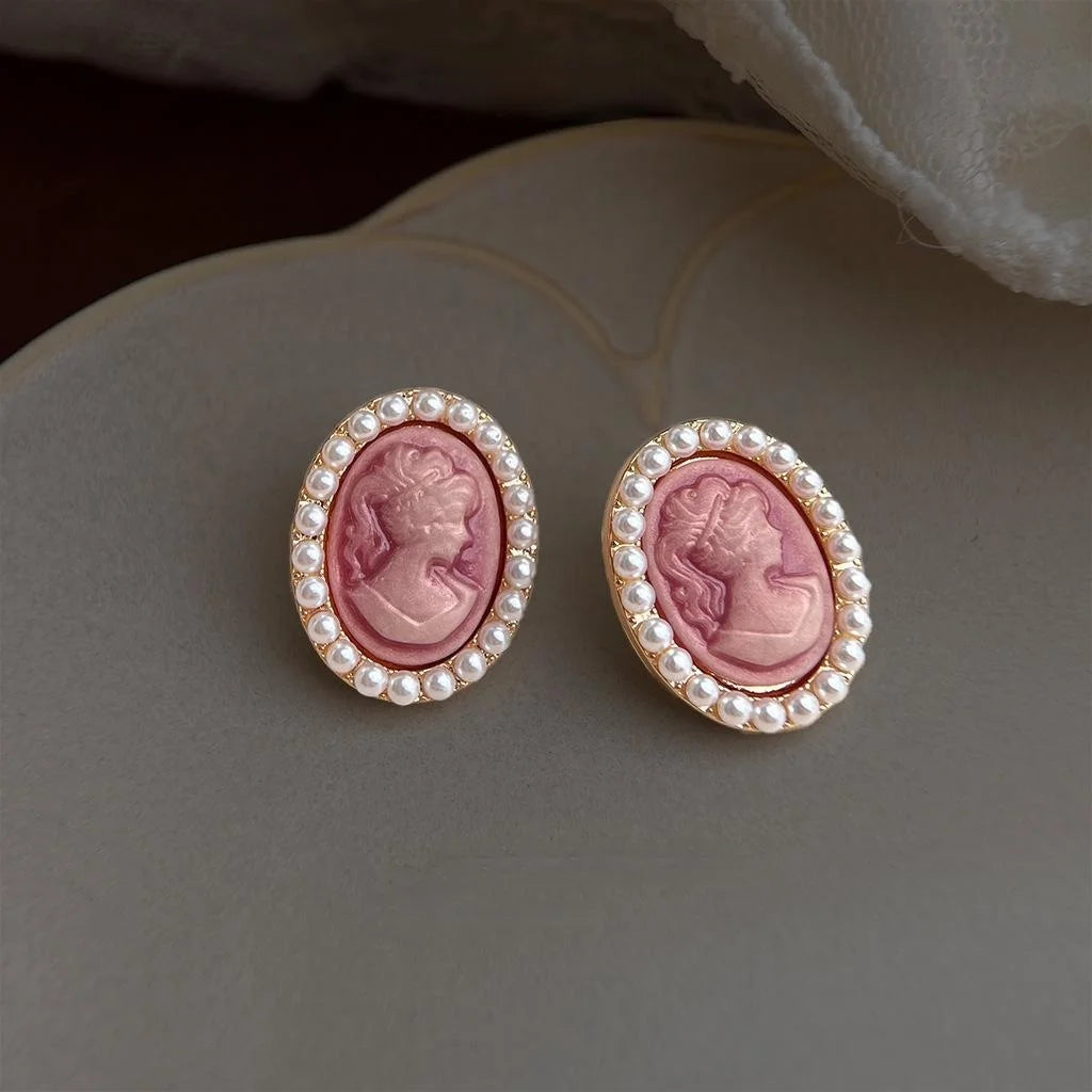 French Elegant Oval Portrait Stud Earrings Eco Copper Alloy Pink Beauty Geometric Jewelry