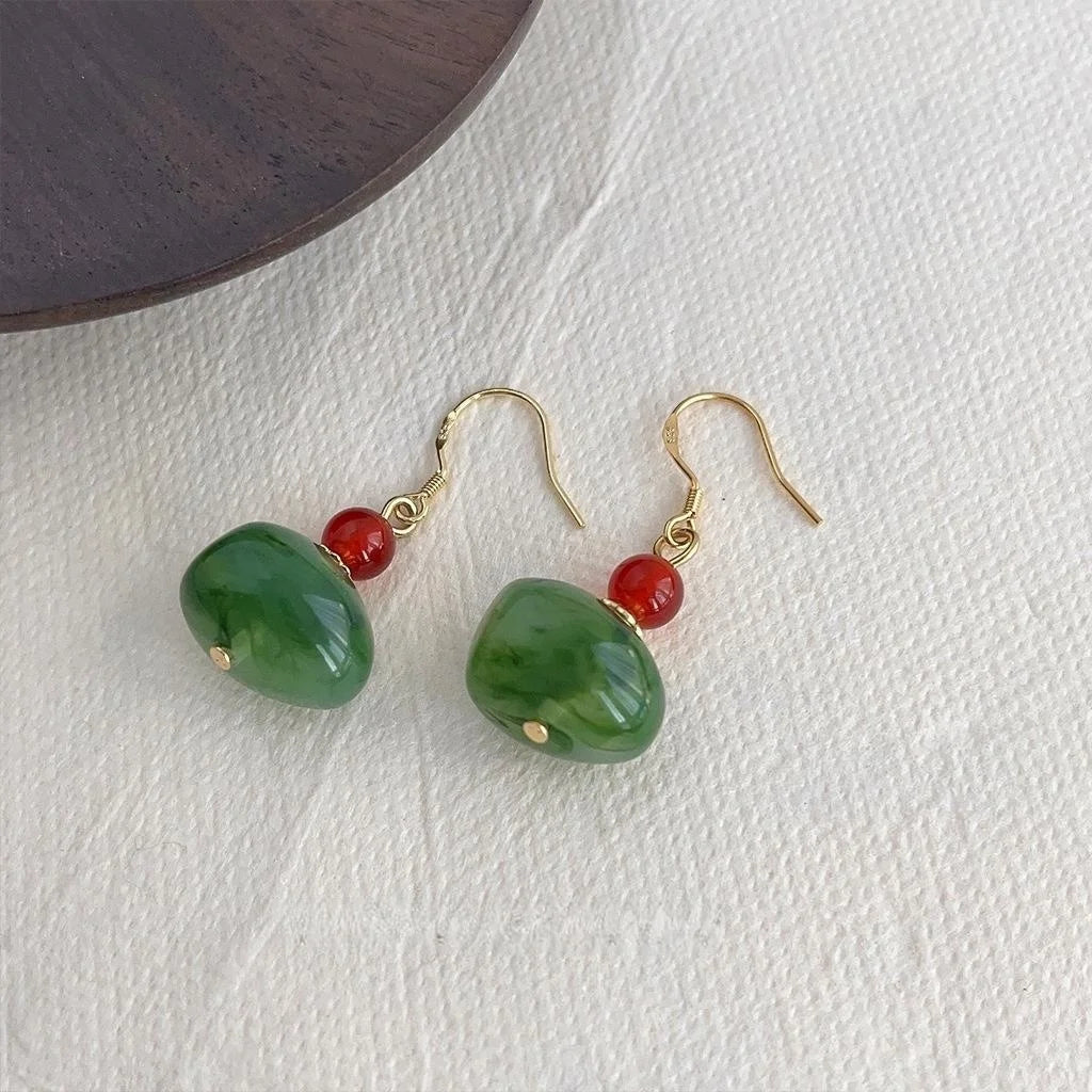 Forest Style Irregular Geometric Red Agate Resin Drop Earrings Handmade Design