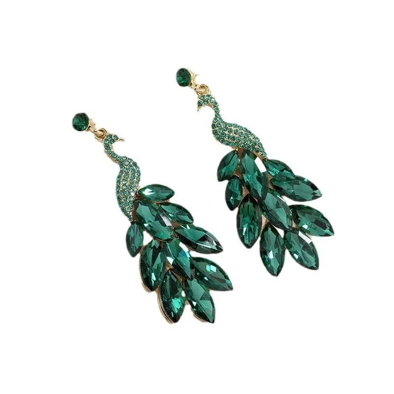 Elegant Green Peacock Crystal Rhinestone Drop Earrings Luxury Alloy Statement Jewelry For Wedding Party Gift