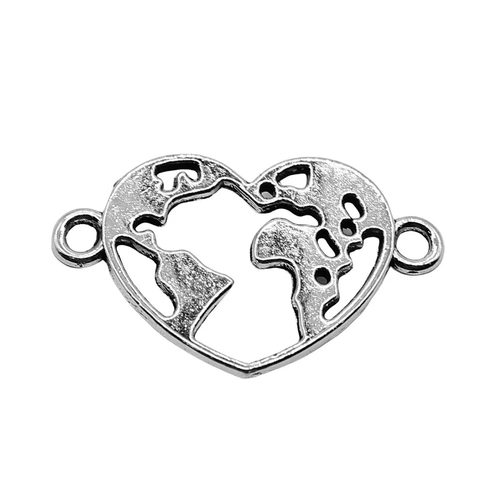 15x24mm 0.9g Antique Silver Zinc Alloy Heart Map Connector Charm for DIY Bracelet Necklace Making