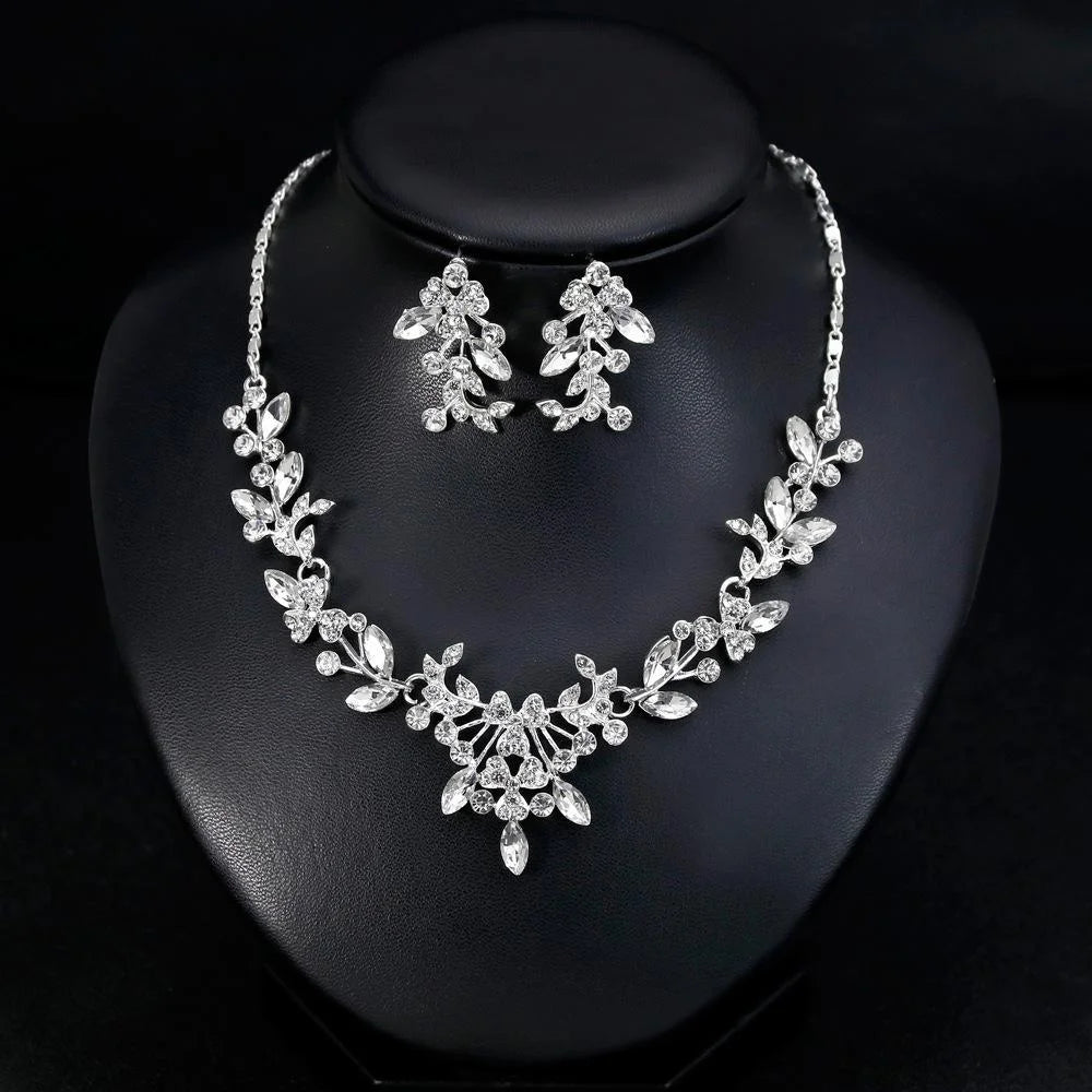 Luxury Bridal Crystal Rhinestone Floral Leaf Necklace Earrings Jewelry Set For Wedding Party Gift