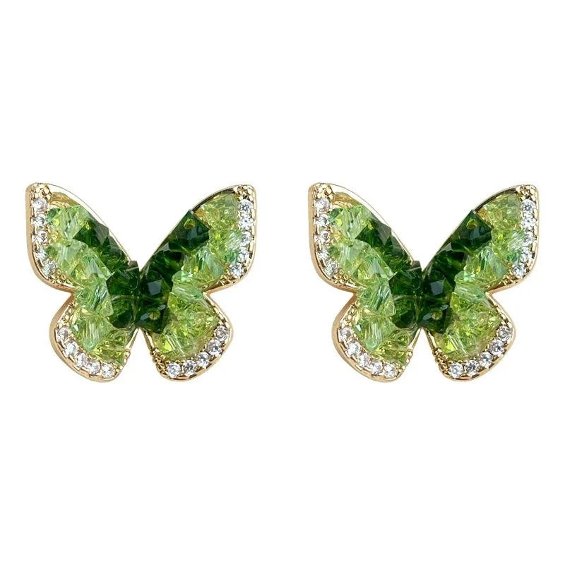 Pastoral Butterfly Micro Pave Zircon Glass Crystal 14K Plated Copper Stud Earrings