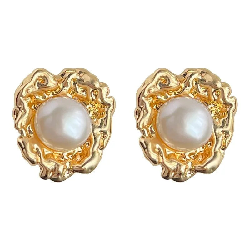 14K Plated Copper Freshwater Pearl Stud Earrings Irregular Geometric Minimalist Luxury Jewelry