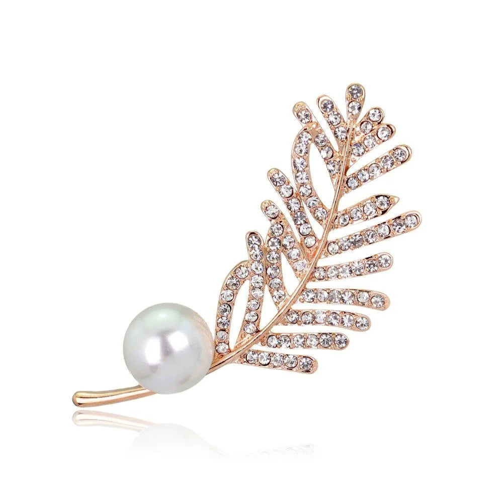 Elegant Pearl Rhinestone Leaf Brooch For Women, Copper Alloy Zircon Lapel Pin Corsage Suit Accessory Gift